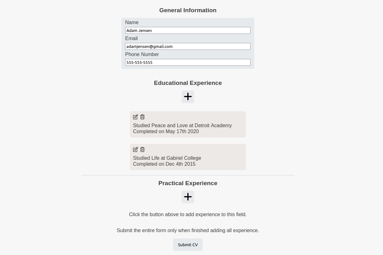 screenshot of CV Application.